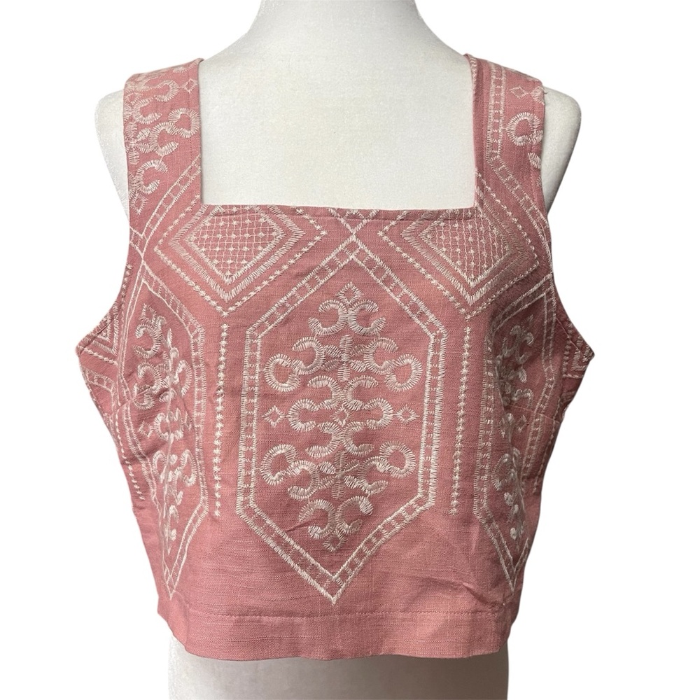 NEW House of Linen Peach Embroidered Boho Crop Top US L